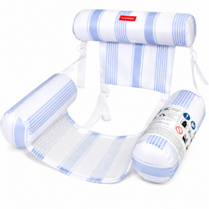 Infografica sedile galleggiante Flamingueo blu con supporto ergonomico, materiale resistente e design per relax in piscina