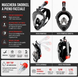 Maschera snorkeling full face Aqua Speed nera, caratteristiche