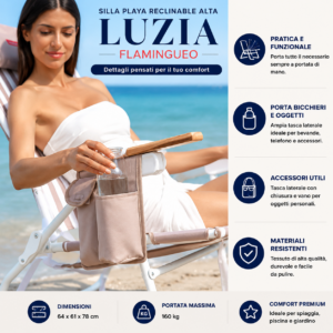 Sedia da Spiaggia Reclinabile LORELEI Flamingueo Beige caratteristiche e dotazione