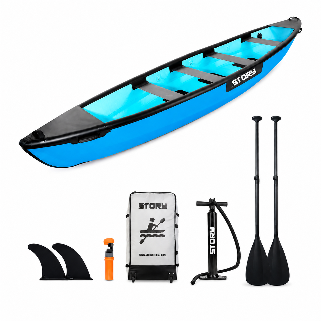 Story Canoa Dropstitch 490 cm 4P Blu – kit completo su sfondo bianco