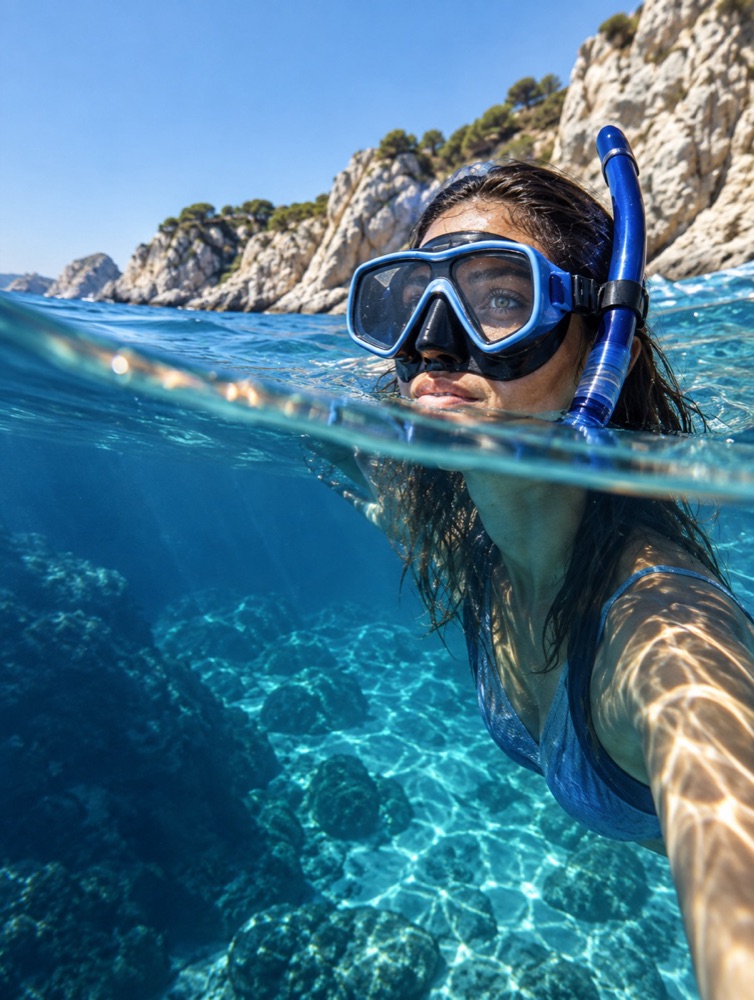 Donna con maschera e snorkel in acqua